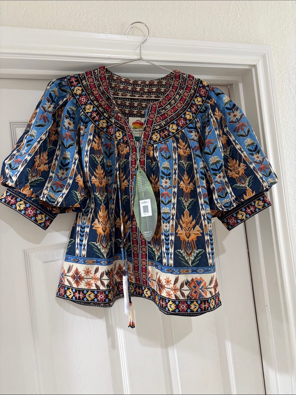 FARM Rio Blue Floral Embroidered Tie-Front Tunic